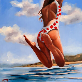Painting titled "Jump - Woman on Bea…" by Daria Gerasimova, Original Artwork, Oil Mounted on Wood Stretcher frame