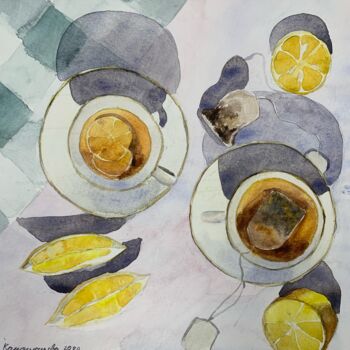 Pintura intitulada "tea with lemon" por Daria Kamishanova, Obras de arte originais, Aquarela