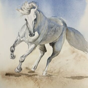 Painting titled "White horse" by Daria Kamishanova, Original Artwork, Watercolor