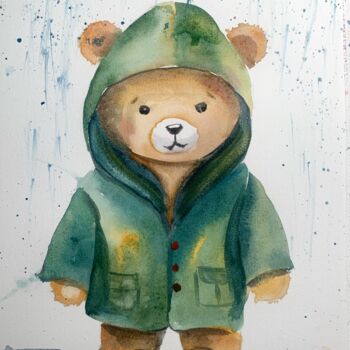 Pintura titulada "A bear cub in a gre…" por Daria Kamishanova, Obra de arte original, Acuarela