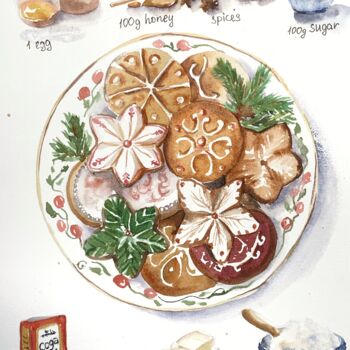 Painting titled "Gingerbread cookies" by Daria Kamishanova, Original Artwork, Watercolor