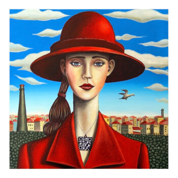 Painting titled "QR woman in red" by Dario Assisi, Original Artwork, Acrylic Mounted on Wood Stretcher frame