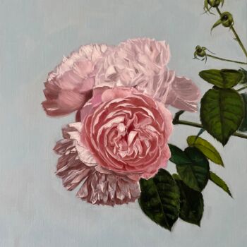 Painting titled "Pink roses #3" by Dario Cavicchioni, Original Artwork, Oil Mounted on Wood Stretcher frame