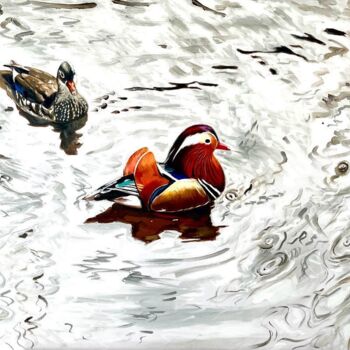 Schilderij getiteld "Mandarin bird" door Dario Cavicchioni, Origineel Kunstwerk, Olie Gemonteerd op Frame voor houten branca…