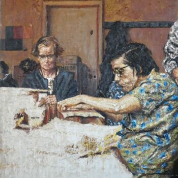 Pittura intitolato "Women at a table 1." da Dariusz Romanowski, Opera d'arte originale, Olio