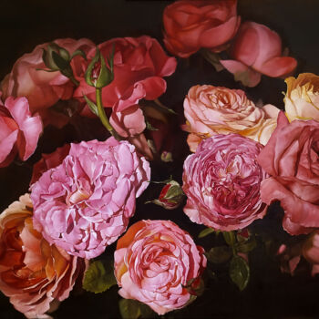 Peinture intitulée "Peony roses" par Darkan Yermekbayev, Œuvre d'art originale, Huile