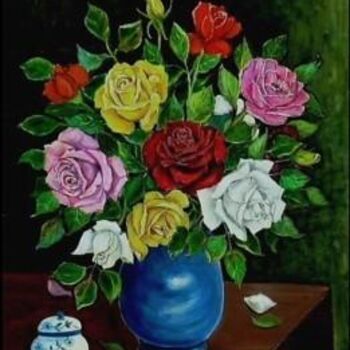 Schilderij getiteld "roses de mon jardin" door Gisèle Darrieux-Boblin, Origineel Kunstwerk, Olie