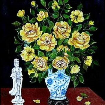 Painting titled "roses thé au vase c…" by Gisèle Darrieux-Boblin, Original Artwork, Oil