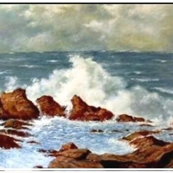 Peinture intitulée "vague sur rochers" par Gisèle Darrieux-Boblin, Œuvre d'art originale