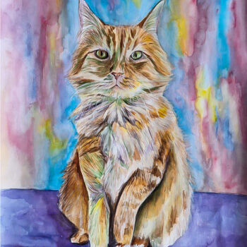 Dessin intitulée "Orange cat original…" par Darya Moisseyeva, Œuvre d'art originale, Aquarelle