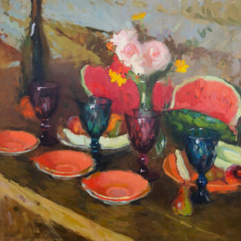 Painting titled "Before dinner" by Darya Salakhova, Original Artwork, Oil Mounted on Wood Stretcher frame