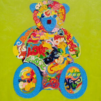 Schilderij getiteld "Street Bear" door Darya Yerameyeva, Origineel Kunstwerk, Olie Gemonteerd op Frame voor houten brancard