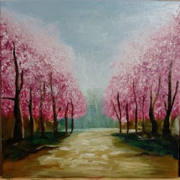 Schilderij getiteld "Sakura" door Darina Sopova, Origineel Kunstwerk, Olie Gemonteerd op Frame voor houten brancard