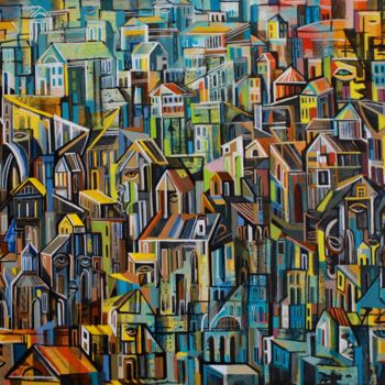 Painting titled "City" by Dato Didishvili, Original Artwork, Acrylic Mounted on Wood Stretcher frame