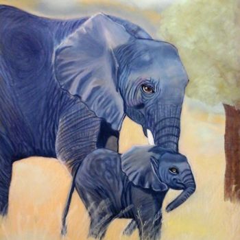 Drawing titled "Eléphants" by Sophie Daumy, Original Artwork, Pastel