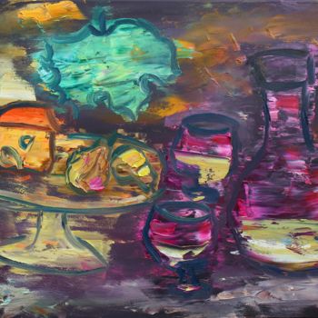 Painting titled "Cheese, Wine and Pe…" by Mikhail (Mish) Yevdakov, Original Artwork, Oil