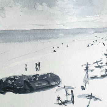 Drawing titled "La grande plage" by David Azul, Original Artwork, Watercolor