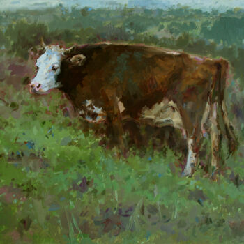 제목이 "Cow with white head"인 미술작품 David Beglaryan로, 원작, 기름 나무 들것 프레임에 장착됨