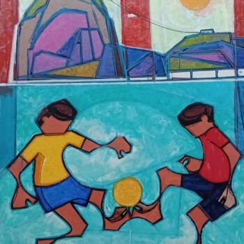 Painting titled "Futebol com Pão de…" by David Da Costa, Original Artwork, Acrylic Mounted on Wood Stretcher frame
