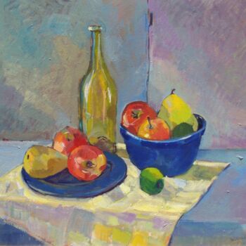 Painting titled "Still Life with Blu…" by David De Rousseau, Original Artwork, Oil