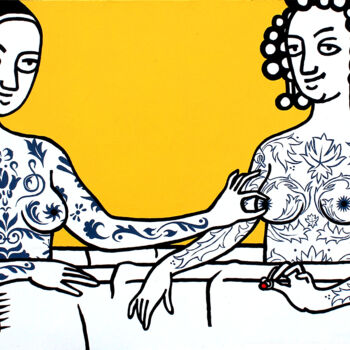 Painting titled "Tattooed Sisters" by David Gander, Original Artwork, Acrylic Mounted on Wood Panel