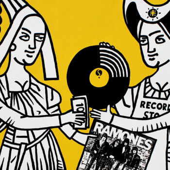 Painting titled "Record Store Day" by David Gander, Original Artwork, Acrylic Mounted on Wood Panel