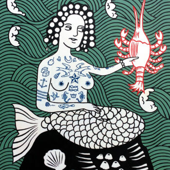Schilderij getiteld "Mermaid" door David Gander, Origineel Kunstwerk, Acryl Gemonteerd op Houten paneel