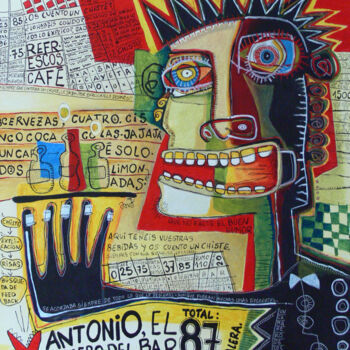 Pittura intitolato "Antonio, el camarer…" da David García Rincón, Opera d'arte originale, Acrilico Montato su Telaio per bar…