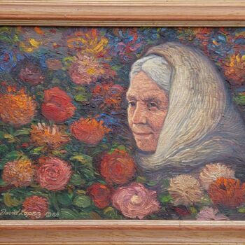 Painting titled "La abuelita Rosa" by David Lopez, Original Artwork, Oil Mounted on Wood Stretcher frame