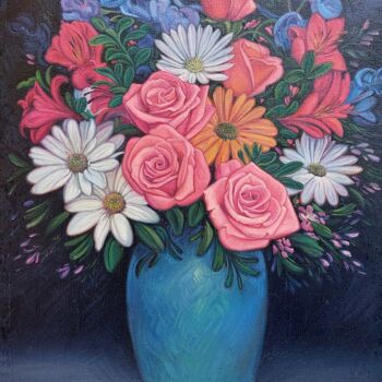 Malarstwo zatytułowany „Las flores” autorstwa David Lopez, Oryginalna praca, Olej Zamontowany na Drewniana rama noszy
