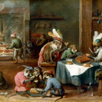 Pintura intitulada "Singes prenant un r…" por David Teniers, Obras de arte originais, Óleo