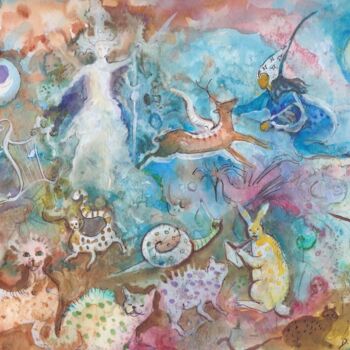Peinture intitulée "Gatos y Brujas" par David Triano, Œuvre d'art originale, Aquarelle