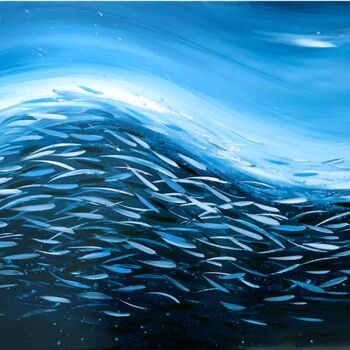 Painting titled "Fish Wave In Dark B…" by David Clare, Original Artwork, Acrylic Mounted on Wood Stretcher frame