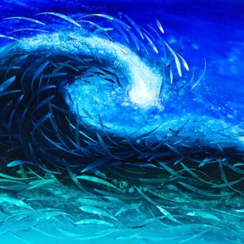 Painting titled "Wave Of Fish" by David Clare, Original Artwork, Oil Mounted on Wood Stretcher frame