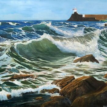 Peinture intitulée "Stormy seas at Balb…" par David Donnelly, Œuvre d'art originale, Huile Monté sur Panneau de bois