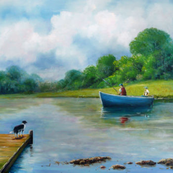 Painting titled "Fishing on Lough Ow…" by David Donnelly, Original Artwork, Oil