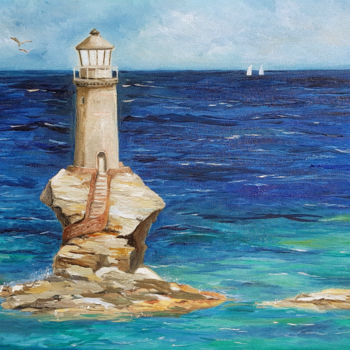 Painting titled "Il faro Tourlitis" by Davide Pacini, Original Artwork, Oil