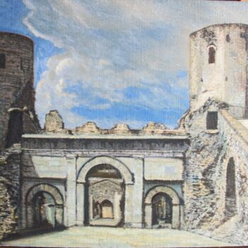 Painting titled "Torri medievali in…" by Davide Rodoquino, Original Artwork, Oil Mounted on Wood Stretcher frame