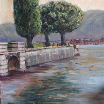 Painting titled "Cipressi sul lago d…" by Davide Rodoquino, Original Artwork, Oil Mounted on Wood Stretcher frame