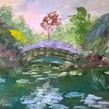 Painting titled "POND WITH BRIDGE" by David Cade, Original Artwork, Oil