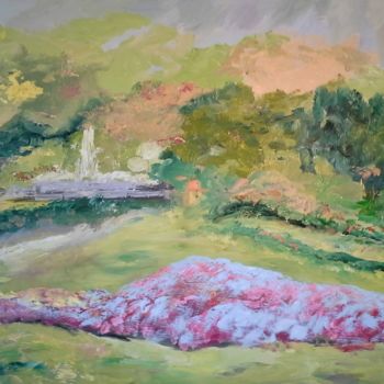 Painting titled "GARDEN WITH FOUNTAIN" by David Cade, Original Artwork, Oil