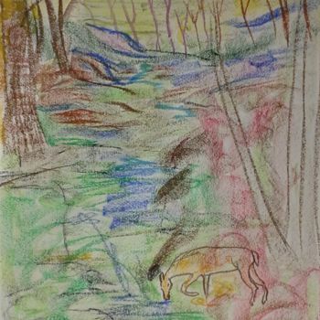 Painting titled "DEER BY STREAM" by David Cade, Original Artwork, Pastel