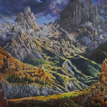 Malarstwo zatytułowany „Paysage de montagne” autorstwa David Lefebvre, Oryginalna praca, Olej
