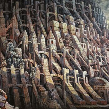Painting titled "Contreforts de Babel" by David Lefebvre, Original Artwork, Oil Mounted on Wood Stretcher frame