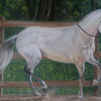 Pintura titulada "White Horse -  Oil…" por David Lino, Obra de arte original, Oleo