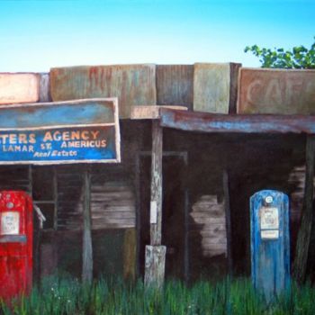 Schilderij getiteld "petrol pumps" door David Troughton, Origineel Kunstwerk