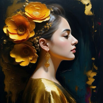 Digitale Kunst getiteld "Girl with golden fl…" door Davina Dugnas, Origineel Kunstwerk, 2D Digital Work