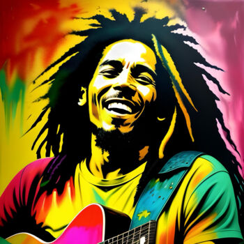 Digital Arts titled "Bob Marley One Love" by Davina Dugnas, Original Artwork, Digital Painting Mounted on Wood Stretcher fra…