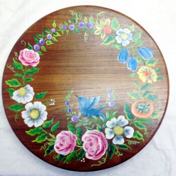 Painting titled "Floral wooden plate" by Dawna Taylor Jones Jones, Original Artwork, Acrylic