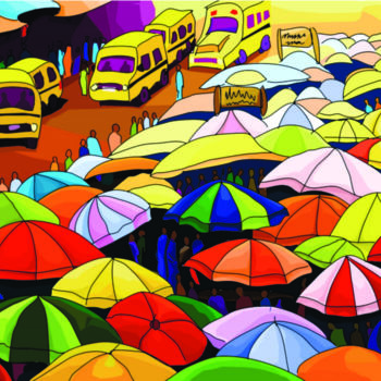 Digital Arts titled "Umbrella Market" by Dayo Adeyemi, Original Artwork, Digital Painting